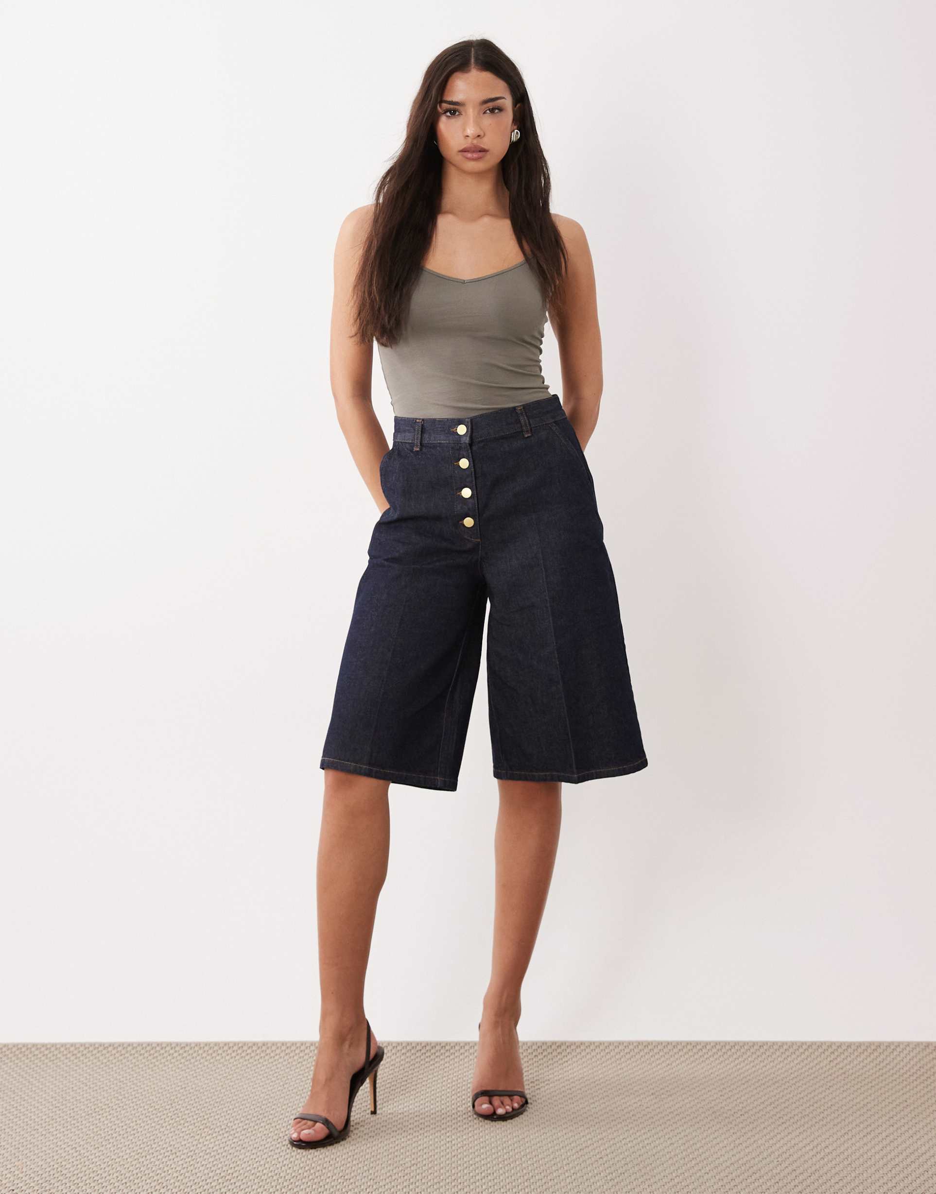 asos design wide leg denim bermuda shorts with gold-tone buttons