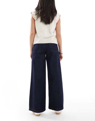 Asos Design Wide Leg Denim Jeans With Red Stitching In Blue