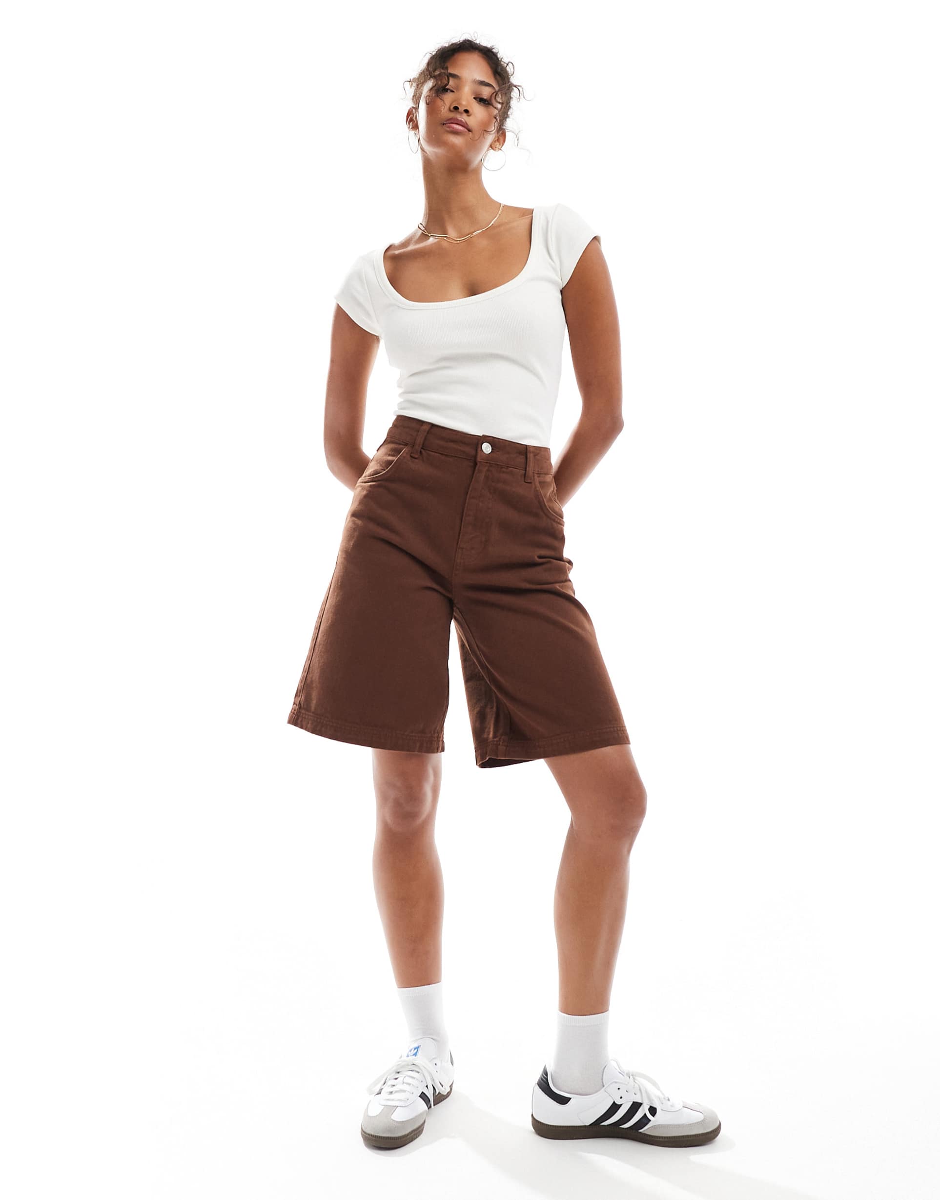 asos design wide leg denim jorts in brown