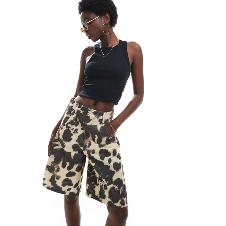 ASOS DESIGN wide leg denim jorts in cow print | ASOS
