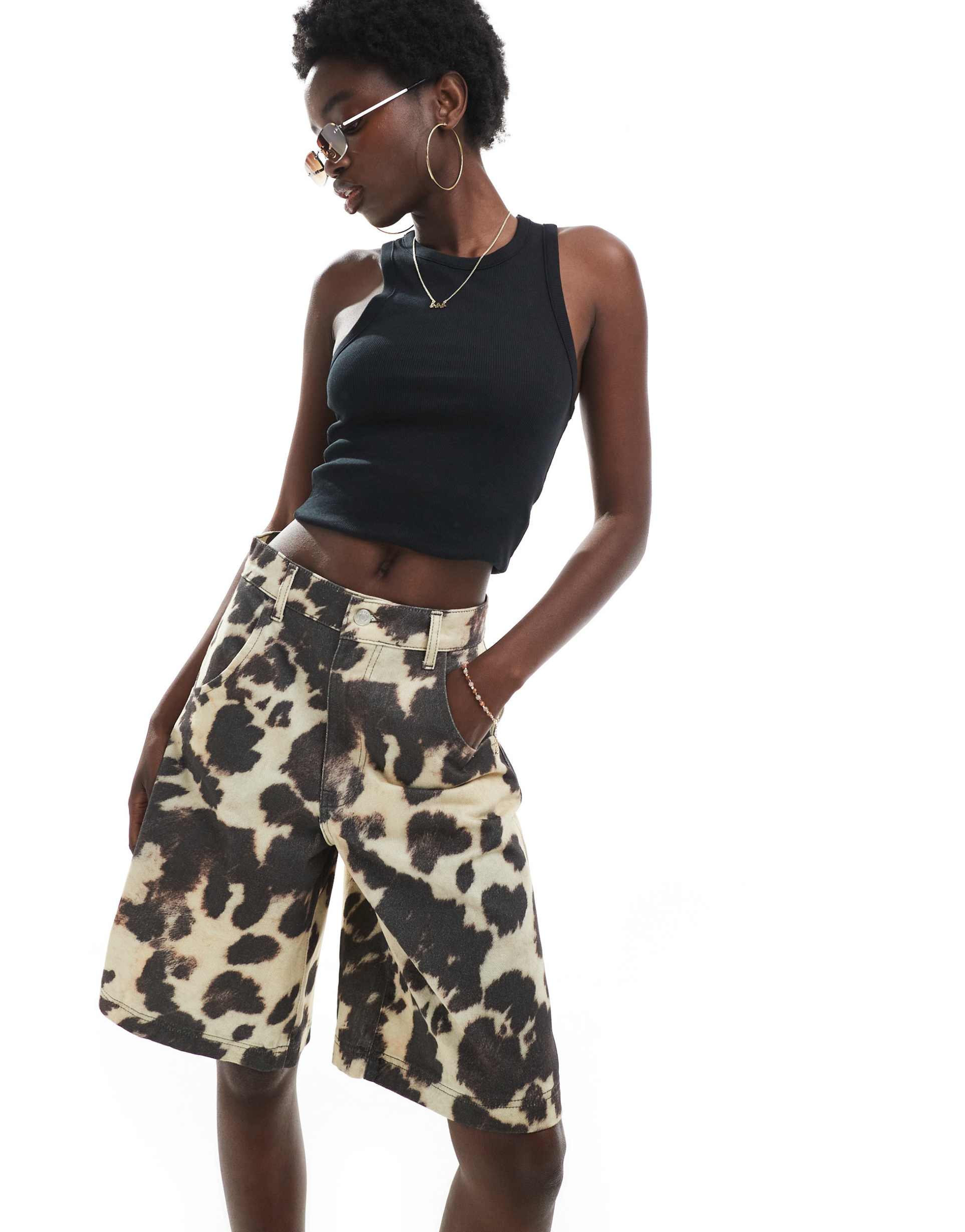 asos design wide leg denim jorts in cow print