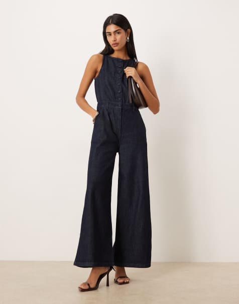 ASOS DESIGN wide leg denim jumpsuit with button front in rinse - view 1