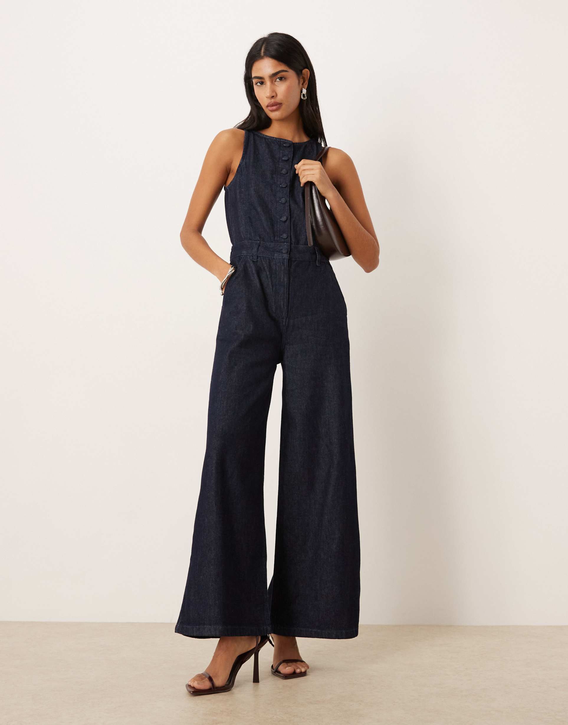 asos design wide leg denim jumpsuit with button front in rinse