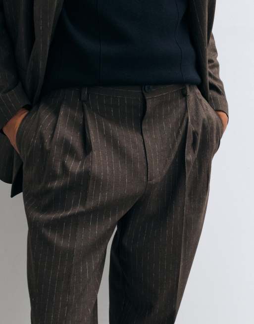 ASOS DESIGN wide leg double pleated suit pant in brown pinstripe, 5 of 5