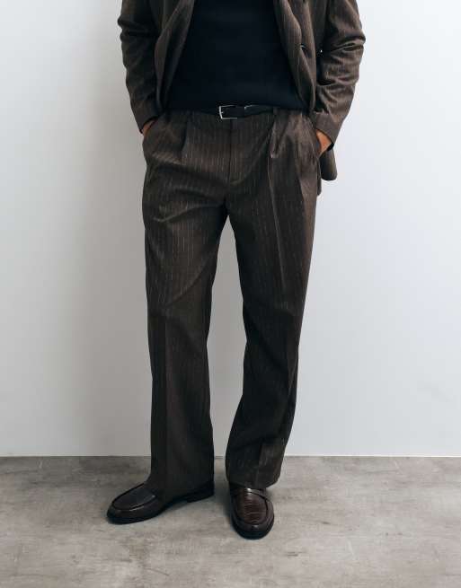 ASOS DESIGN wide leg double pleated suit trouser in brown pinstripe, 2 of 5