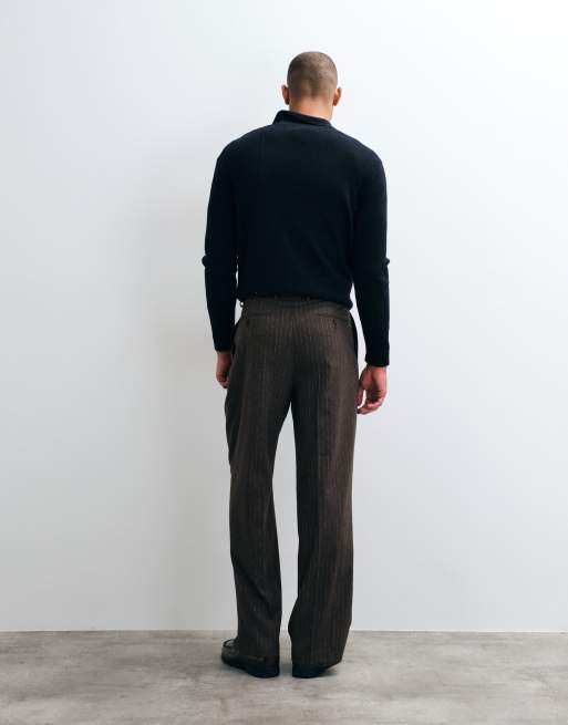 ASOS DESIGN wide leg double pleated suit trouser in brown pinstripe, 3 of 5