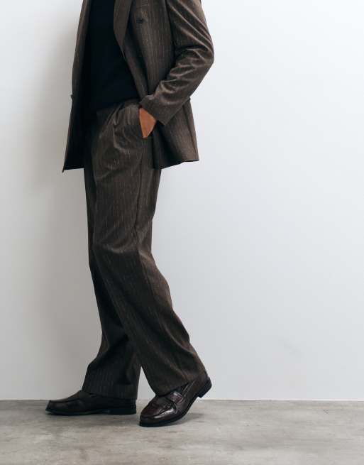 ASOS DESIGN wide leg double pleated suit trouser in brown pinstripe, 4 of 5