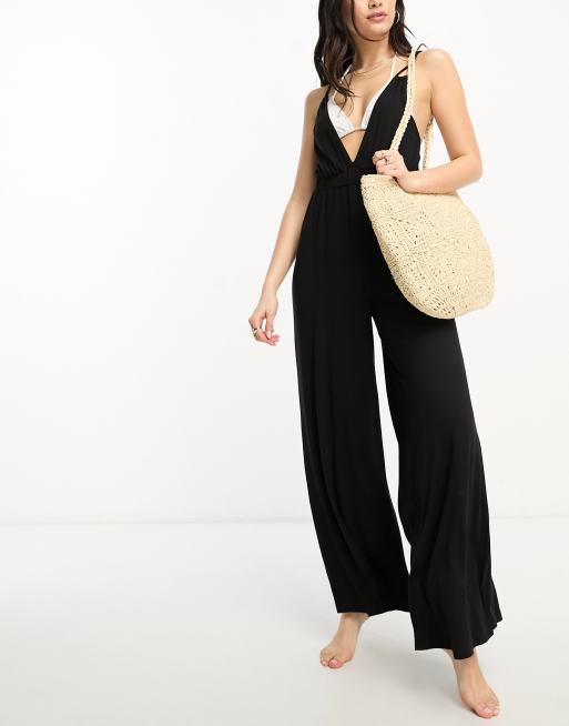 Black Rib Double Strap Jumpsuit