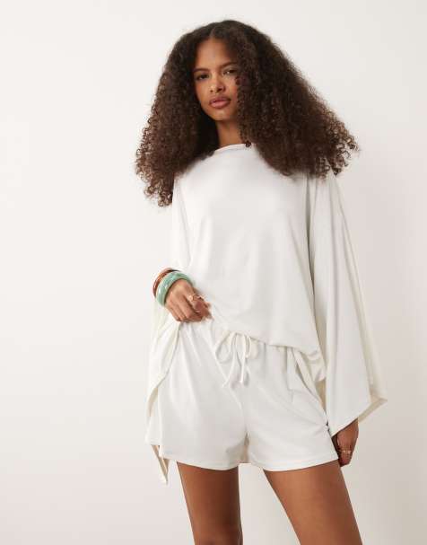 ASOS DESIGN wide leg draw string shorts co-ord in cream - view 1