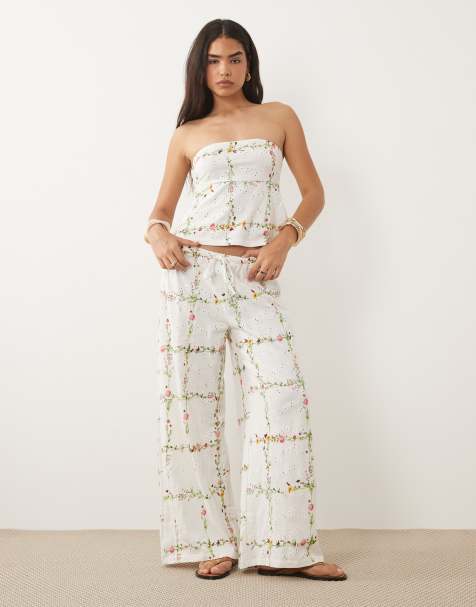 ASOS DESIGN wide leg drawcord jersey broderie pants in floral print - view 1