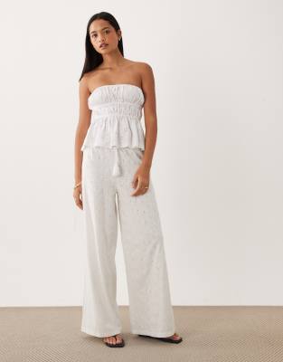 ASOS DESIGN wide leg drawcord tassel detail jersey broderie co-ord trouser in white