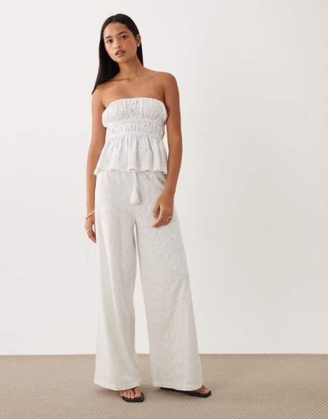 ASOS DESIGN wide leg drawcord tassle detail jersey broderie co-ord trouser in white - view 1
