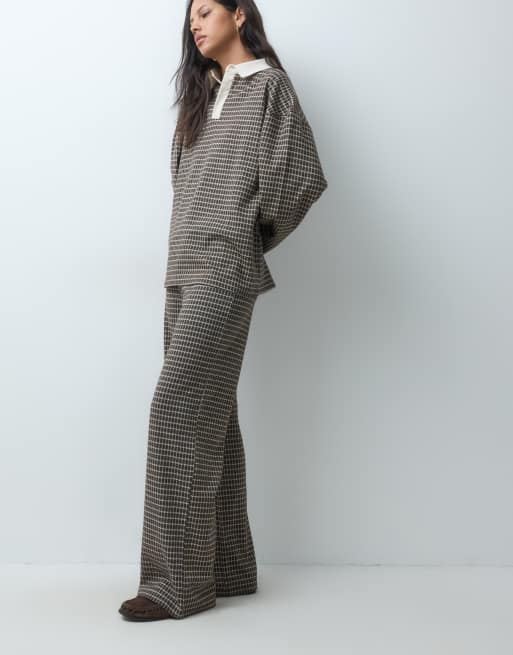 ASOS DESIGN wide leg drawstring check co-ord in brown, 2 of 5