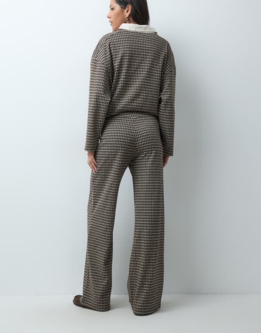ASOS DESIGN wide leg drawstring check co-ord in brown, 5 of 5