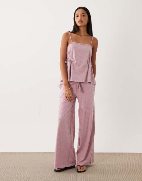 ASOS DESIGN wide leg drawstring tassel detail jersey broderie pants in washed lilac - part of a set - view 1