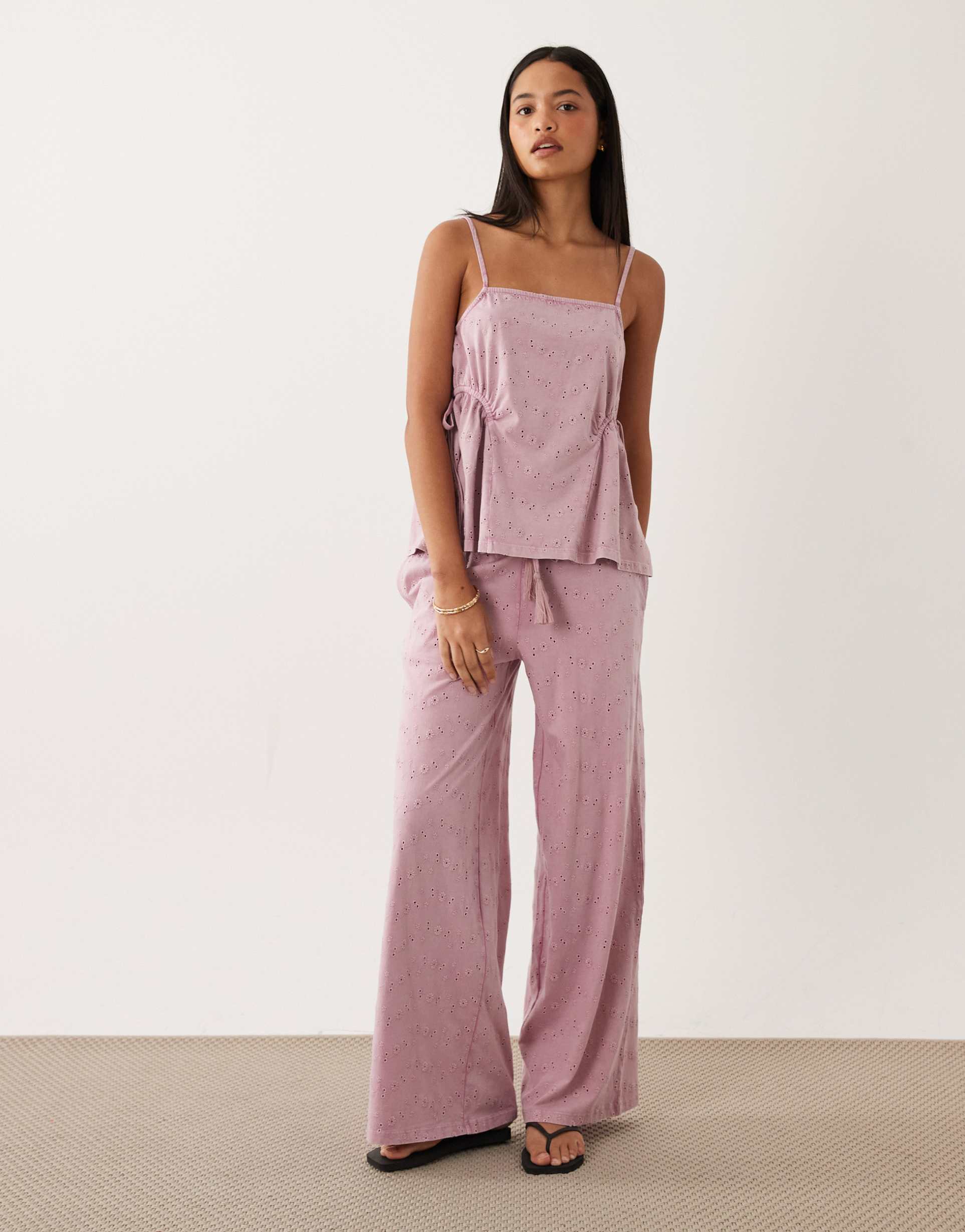 asos design wide leg drawstring tassel detail jersey broderie pants in washed lilac - part of a set