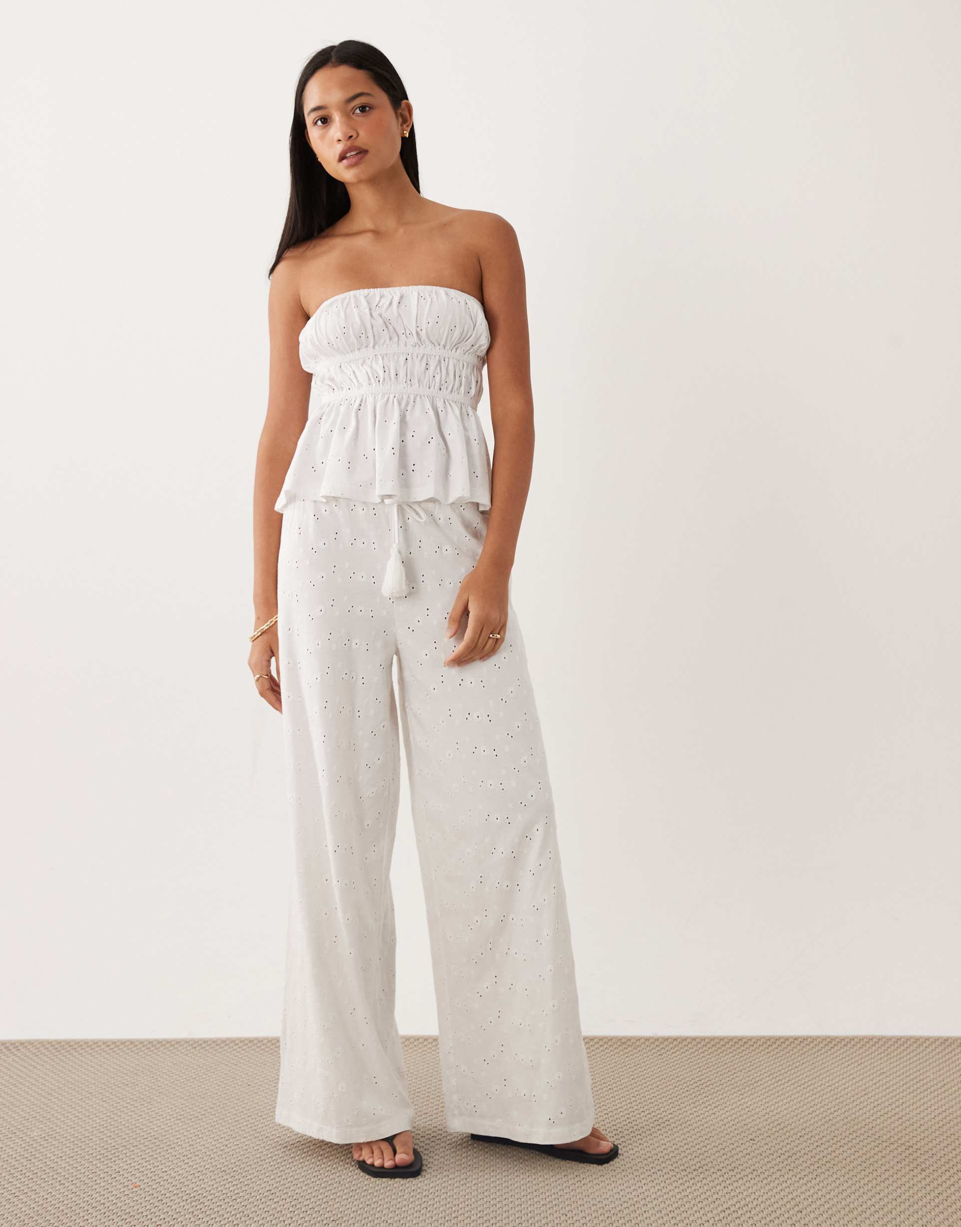 asos design wide leg drawstring tassel detail jersey broderie pants in white - part of a set