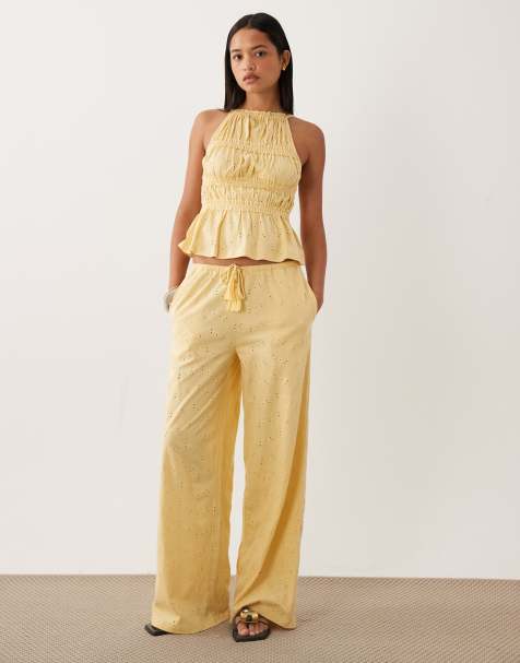 ASOS DESIGN wide leg drawstring tassel detail jersey broderie set in buttermilk - view 1