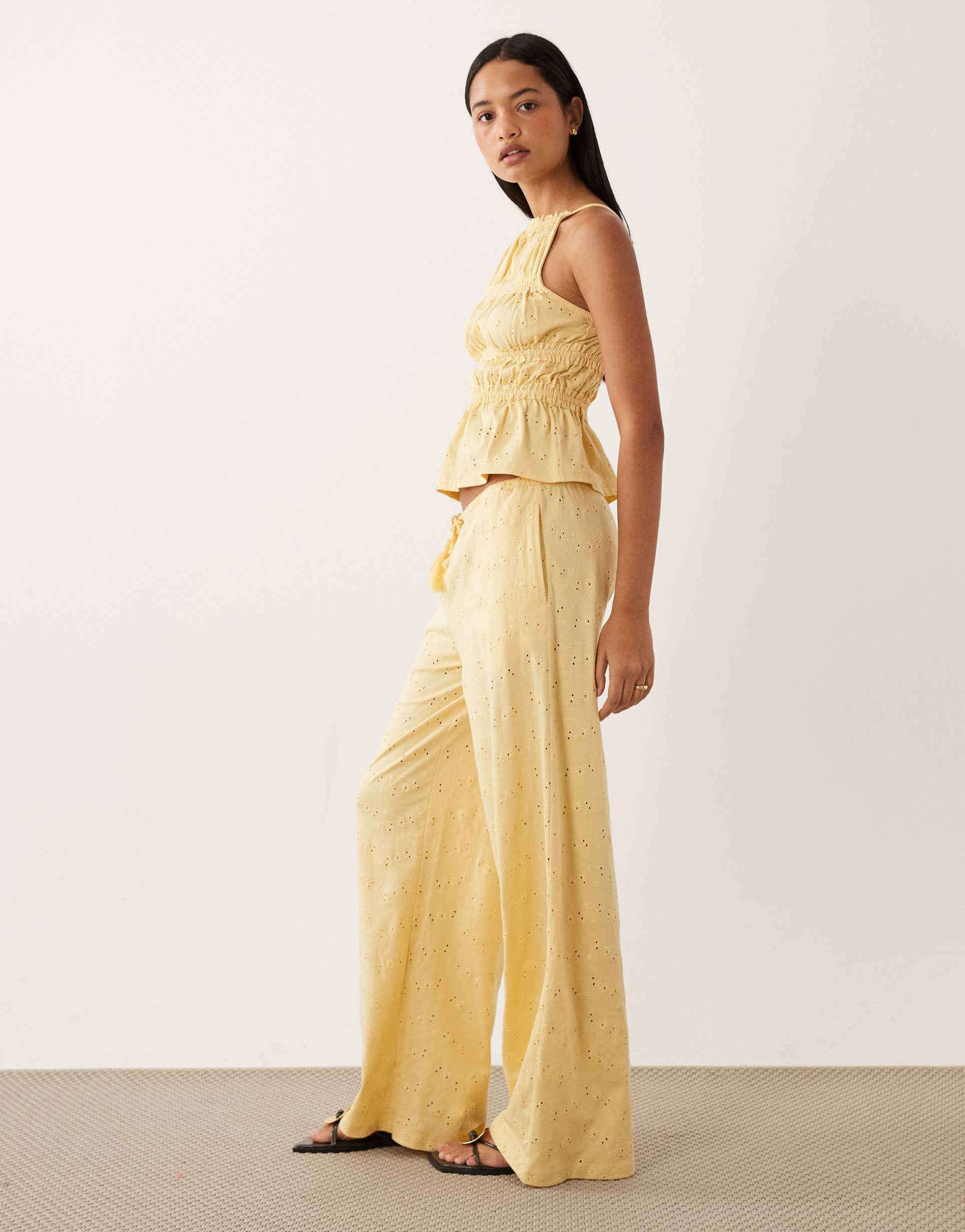 asos design wide leg drawstring tassel detail jersey eyelet pants in buttermilk - part of a set