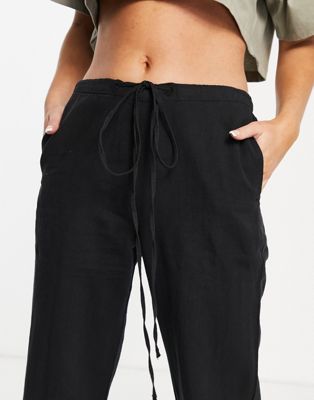 Poplooks Women's Comfy Drawstring Linen Pants Long with Band Waist (Black)