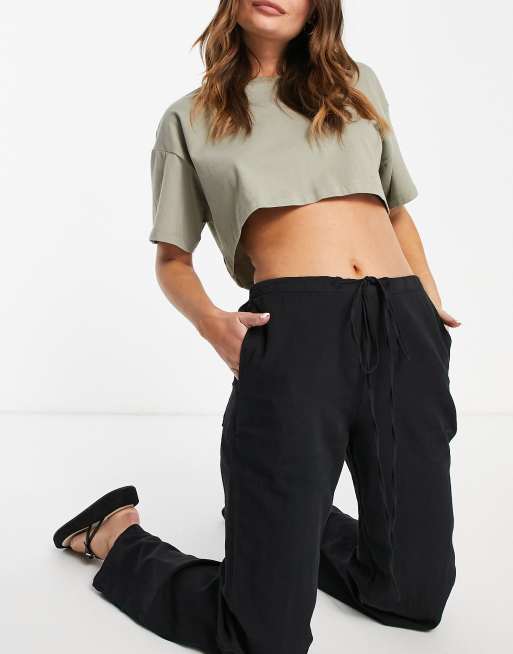 ASOS DESIGN wide leg drawstring waist linen pants in black