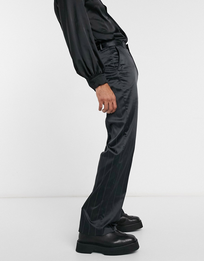 ASOS DESIGN wide leg dress pants in sateen pinstripe-Black