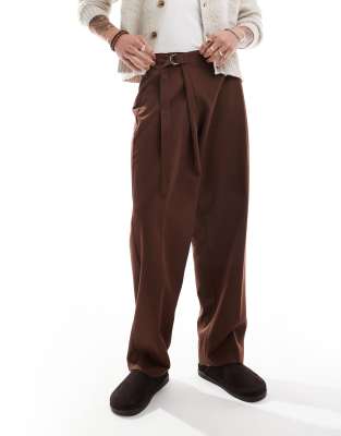 Asos Design Wide Leg Dress Pants With Crossover Side Belt In Brown