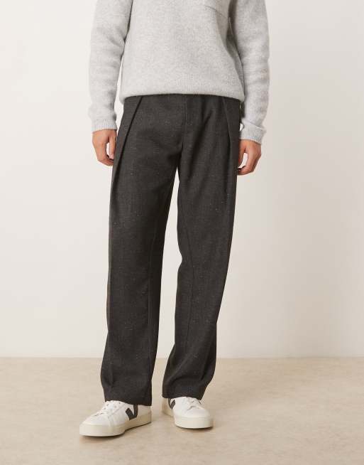 ASOS DESIGN wide leg dress pants with deep forward pleats in wool look herringbone