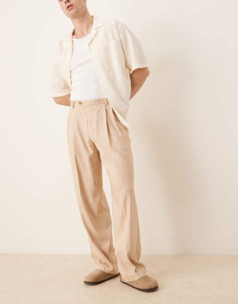 ASOS DESIGN wide leg dress pants with double front pleats in beige microtexture - view 1