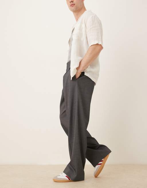 ASOS DESIGN wide leg dress pants with double pleats in gray herringbone with elastic waist