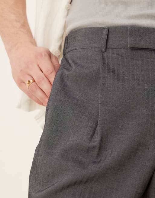 ASOS DESIGN wide leg dress pants with double pleats in gray herringbone with elastic waist