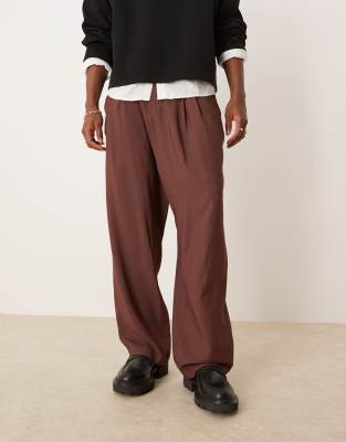 Asos Design Wide Leg Dress Pants With Elastic Back And Double Pleat In Brown