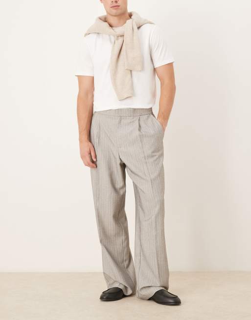 ASOS DESIGN wide leg dress pants with front pleat and elastic waistband in light gray herringbone