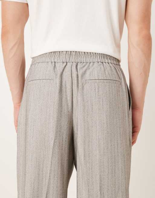 ASOS DESIGN wide leg dress pants with front pleat and elastic waistband in light gray herringbone