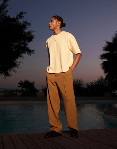 ASOS DESIGN wide leg dress pants with front pleats in brown twill - view 1