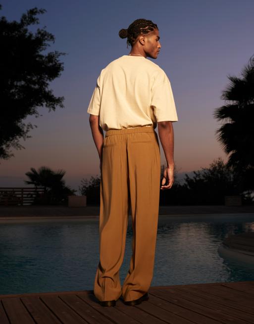 ASOS DESIGN wide leg dress pants with front pleats in brown twill