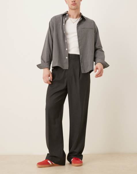 ASOS DESIGN wide leg dress pants with front pleats in charcoal pinstripes with elastic waist - view 1