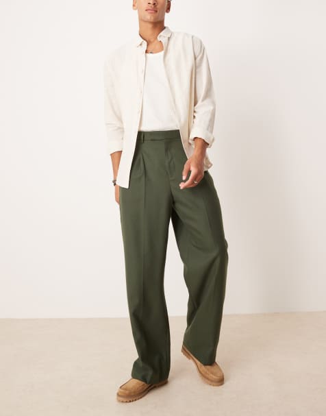 ASOS DESIGN wide leg dress pants with front pleats in green brushed fabric - view 1