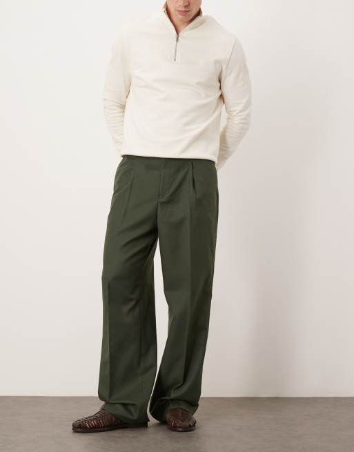 ASOS DESIGN wide leg dress pants with front pleats in green brushed fabric 
