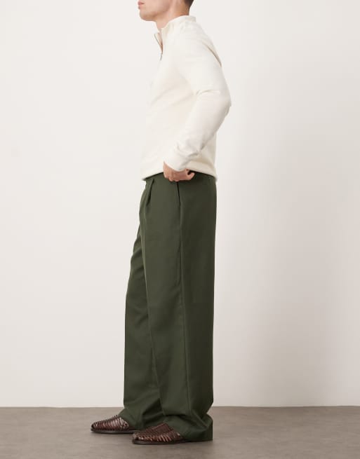 ASOS DESIGN wide leg dress pants with front pleats in green brushed fabric , 3 of 5