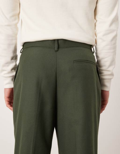 ASOS DESIGN wide leg dress pants with front pleats in green brushed fabric 