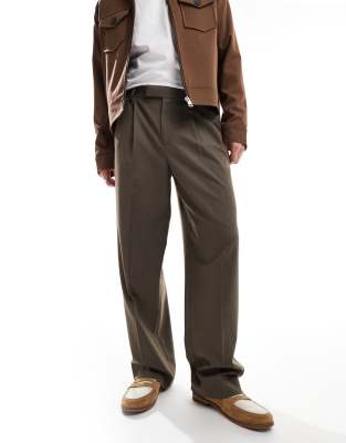 wide leg dress pants with pleats in brown