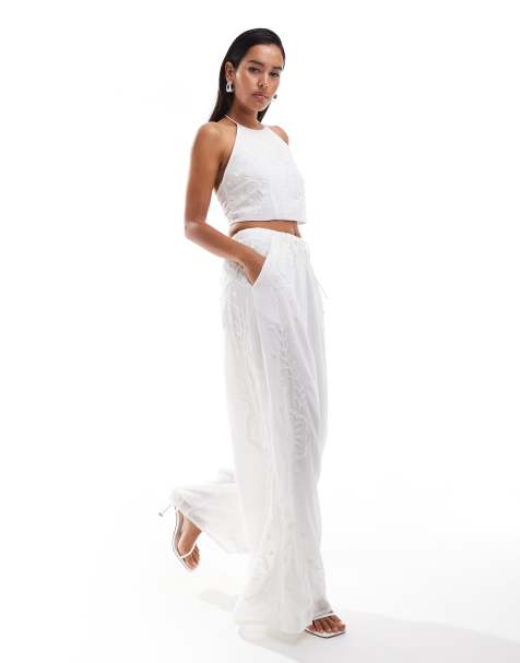 ASOS DESIGN wide leg embellished occasion pants in white (part of a set) - view 1