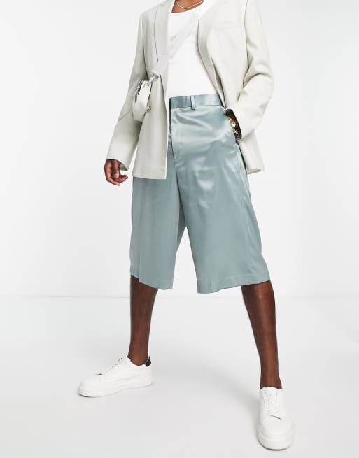 ASOS DESIGN wide leg extra long smart shorts in green high shine