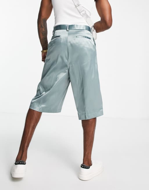 ASOS DESIGN wide leg extra long smart shorts in green high shine