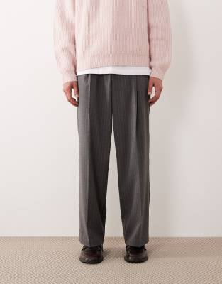 Asos Design Wide Leg Flannel Dress Pants With Elastic Waist In Gray