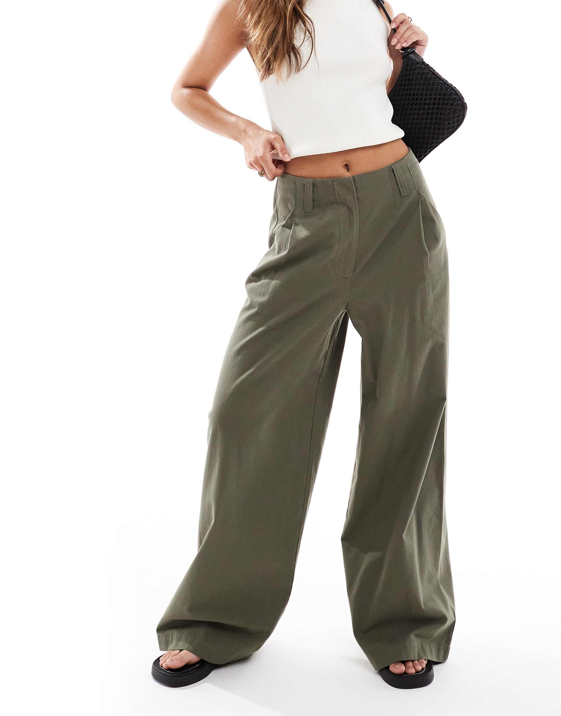 asos design wide leg flannel pants in khaki