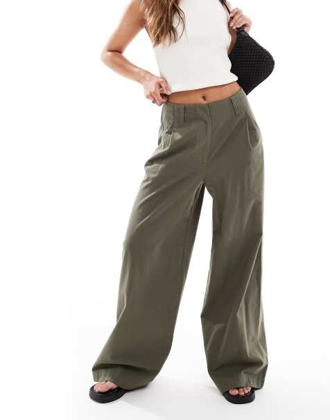 ASOS DESIGN wide leg flannel trousers in khaki - view 1