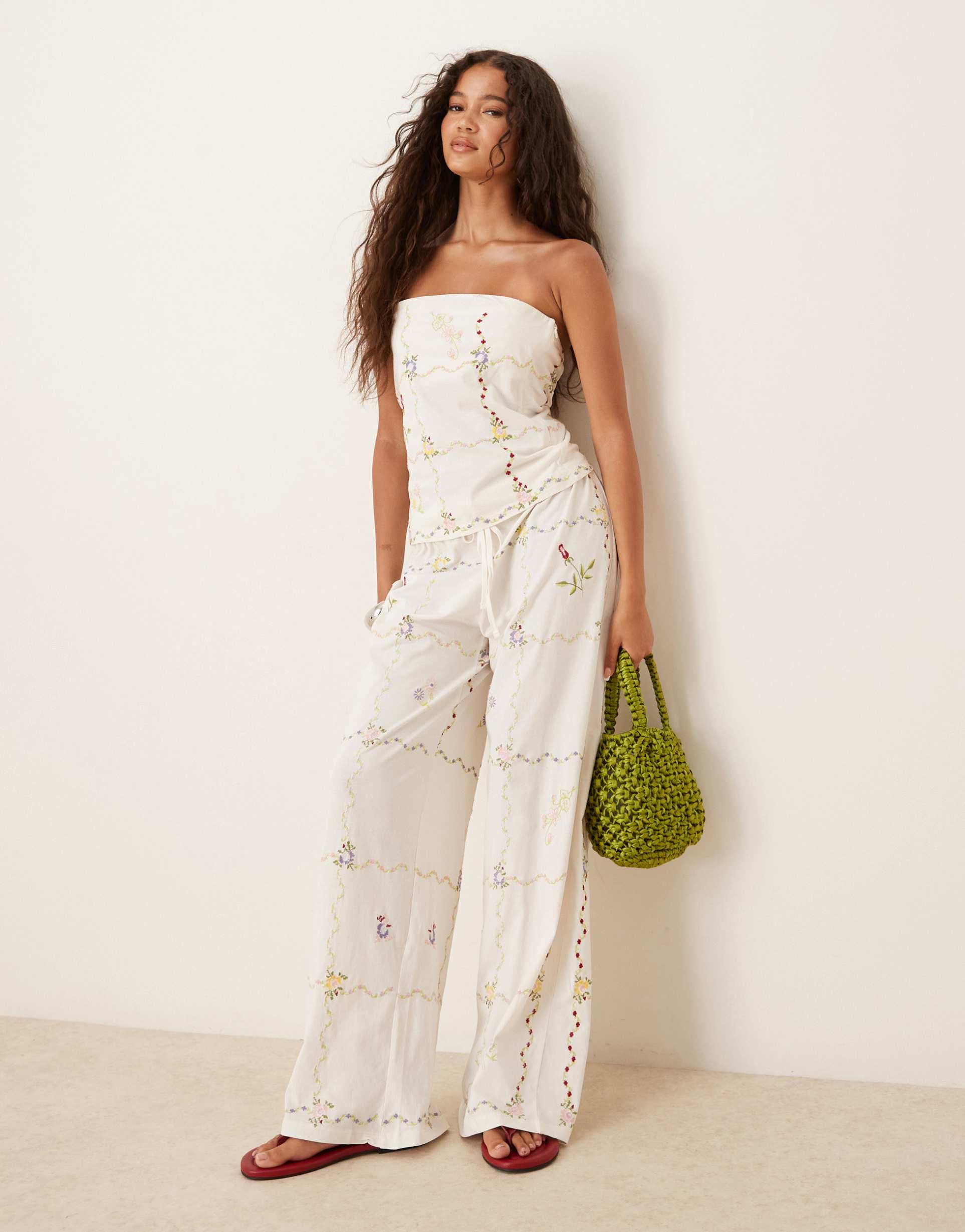 asos design wide leg floral embroidered pants in white