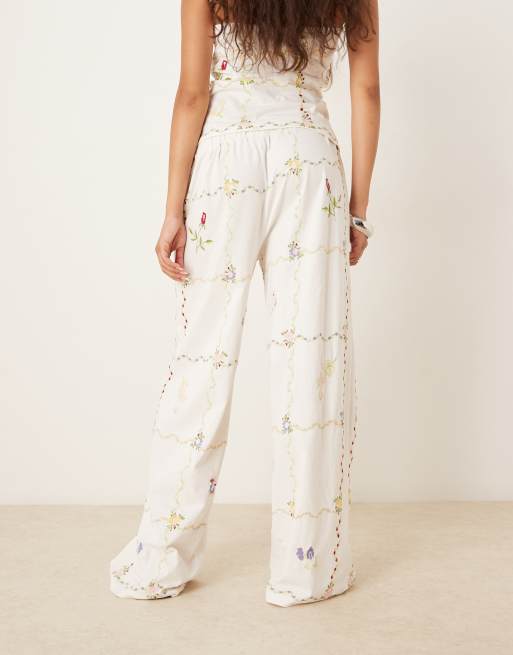 ASOS DESIGN wide leg floral embroidered pants in white | ASOS